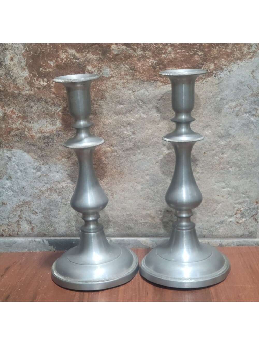 Vintage Pair Pewter Metal Taper Candlestick Candle Holders Flared Base Baluster